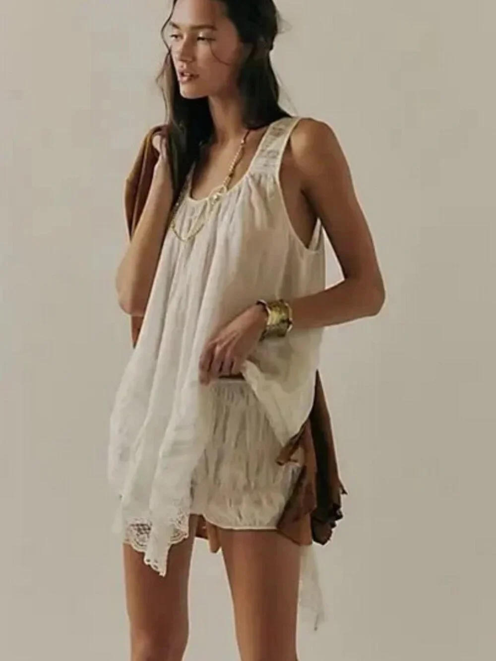 Free People Coretta Tunic Top Sleeveless Drawstring Racer-back Lace XS